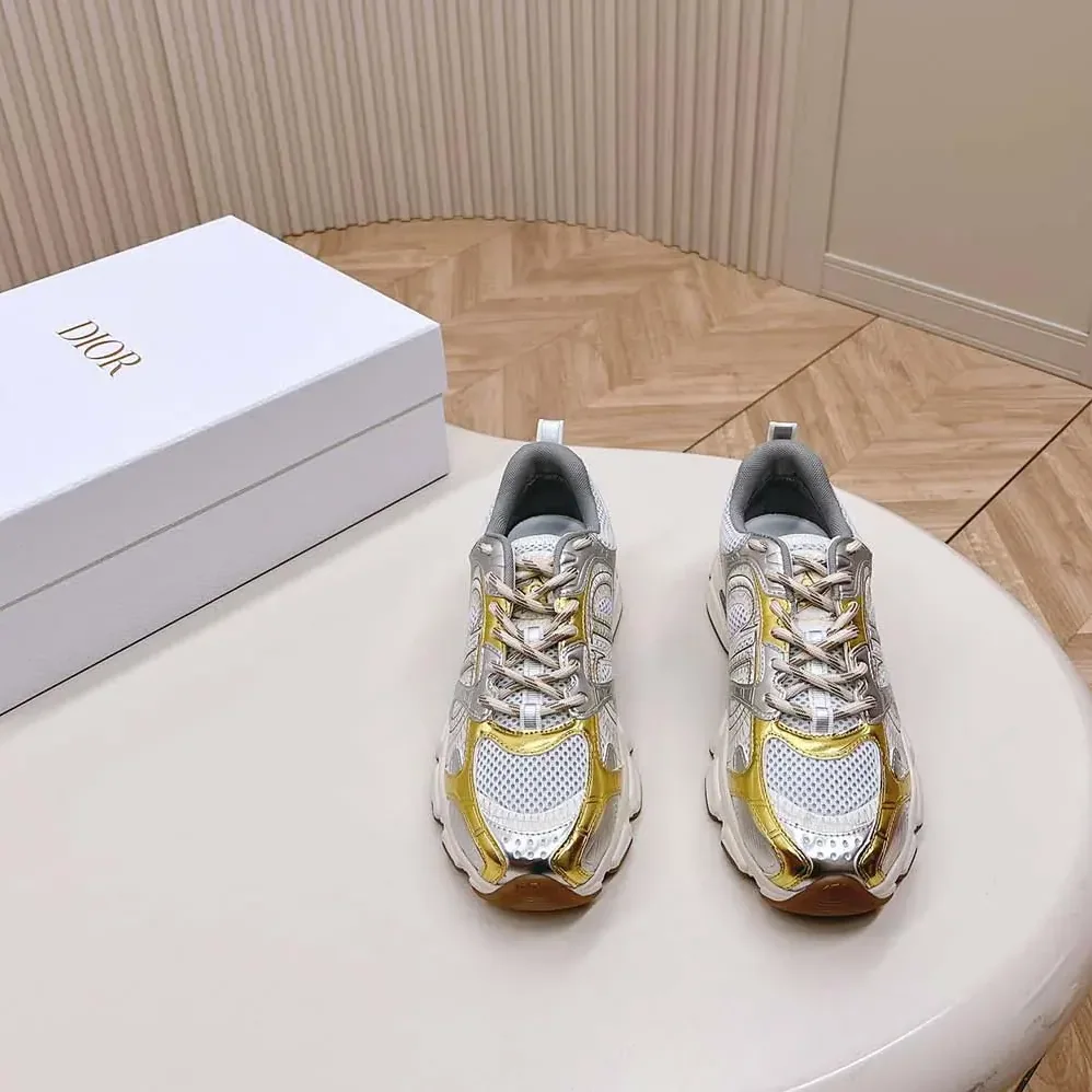 Dior Chrono Sneaker Beige Mesh with Gold-Tone and Silver-Tone Laminated Leather for Women in Effect Panels