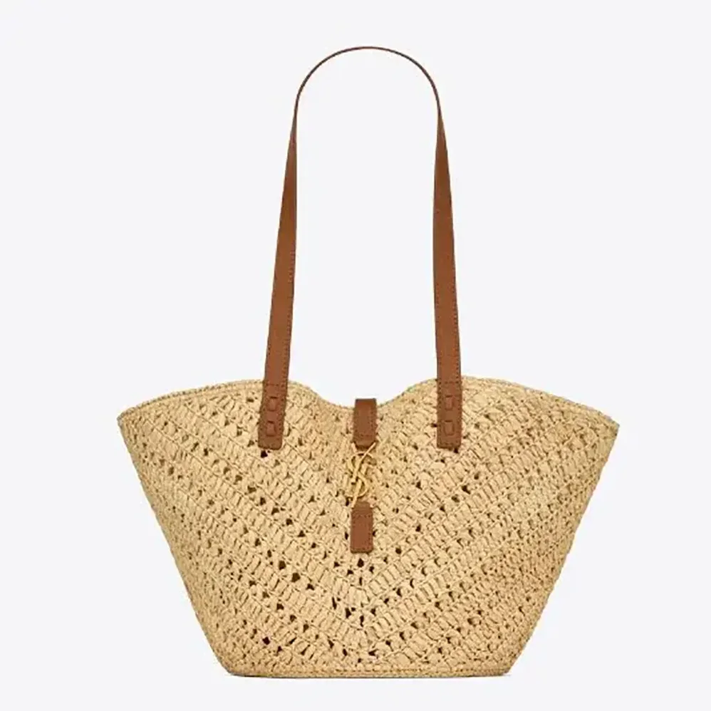 Saint Laurent YSL Panier Small in Raffia and Vegetable for Women in tanned Leather