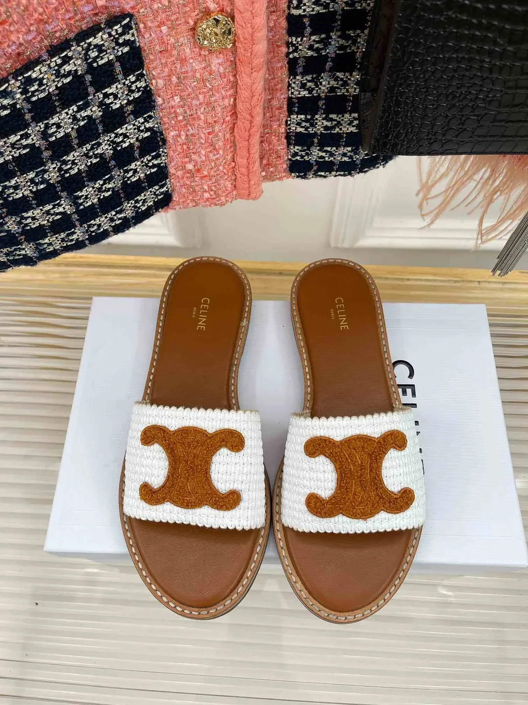 Celine Lympia Flat In Raffia White Celine Lympia Flat In Raffia White
