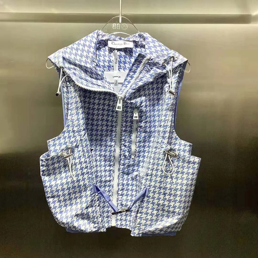 Dior Hooded Sleeveless Vest Cornflower Blue Technical Taffeta Jacquard for Women Dior Hooded Sleeveless Vest Cornflower Blue Technical Taffeta Jacquard for Women