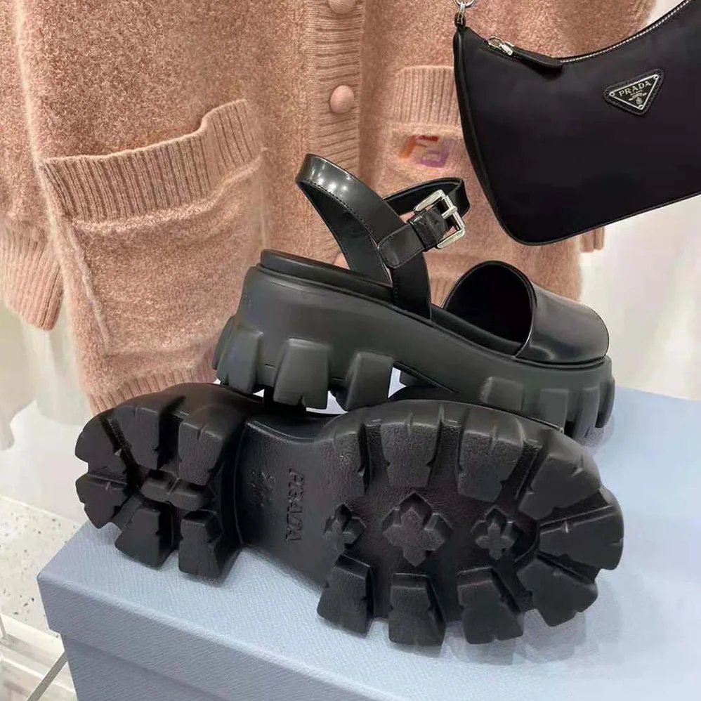 Prada Monolith Brushed Leather Sandals in 55mm Heel for Women in Black
