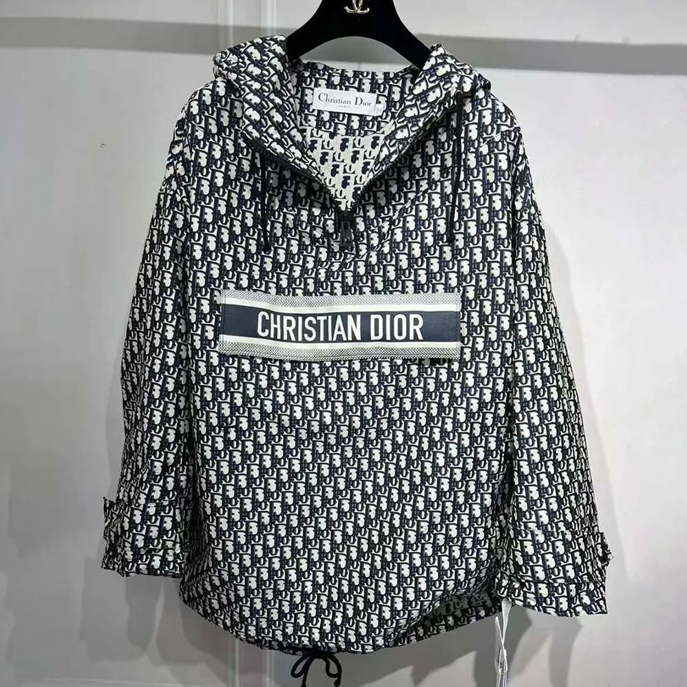 Dior Hooded Anorak Blue and Ecru Technical Taffeta Jacquard with Dior Oblique Motif for Women
