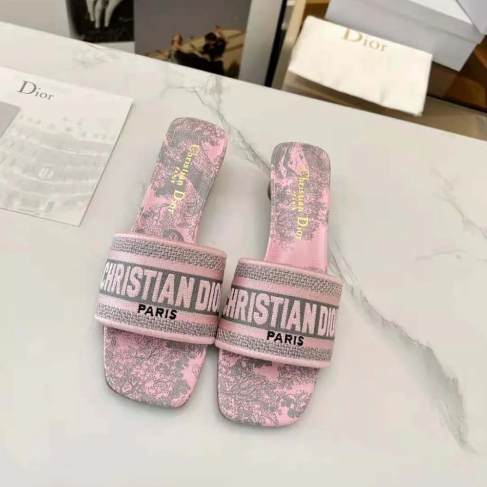 Dior Dway heeled Slide Gray and Pink Embroidered Cotton with Toile de Jouy Reverse Motif for Women