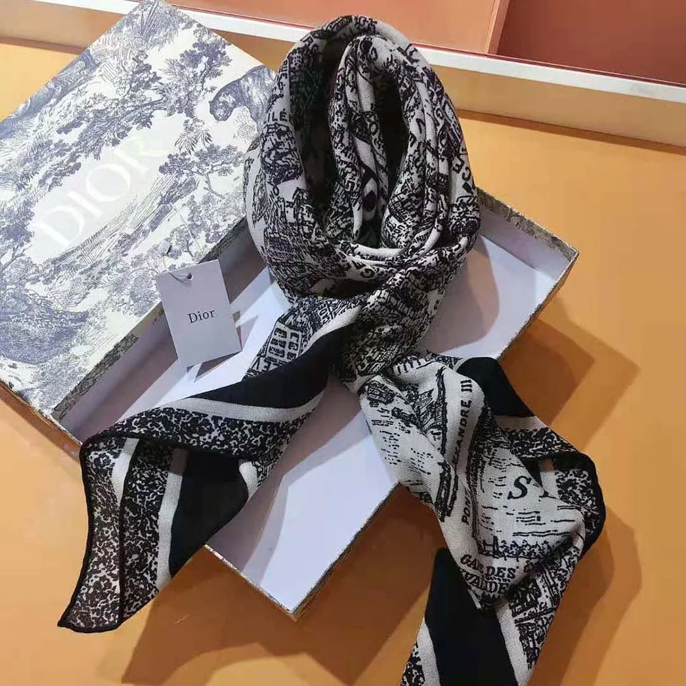 Dior Plan De Paris 90 Square Scarf White and Black Silk Twill for Women