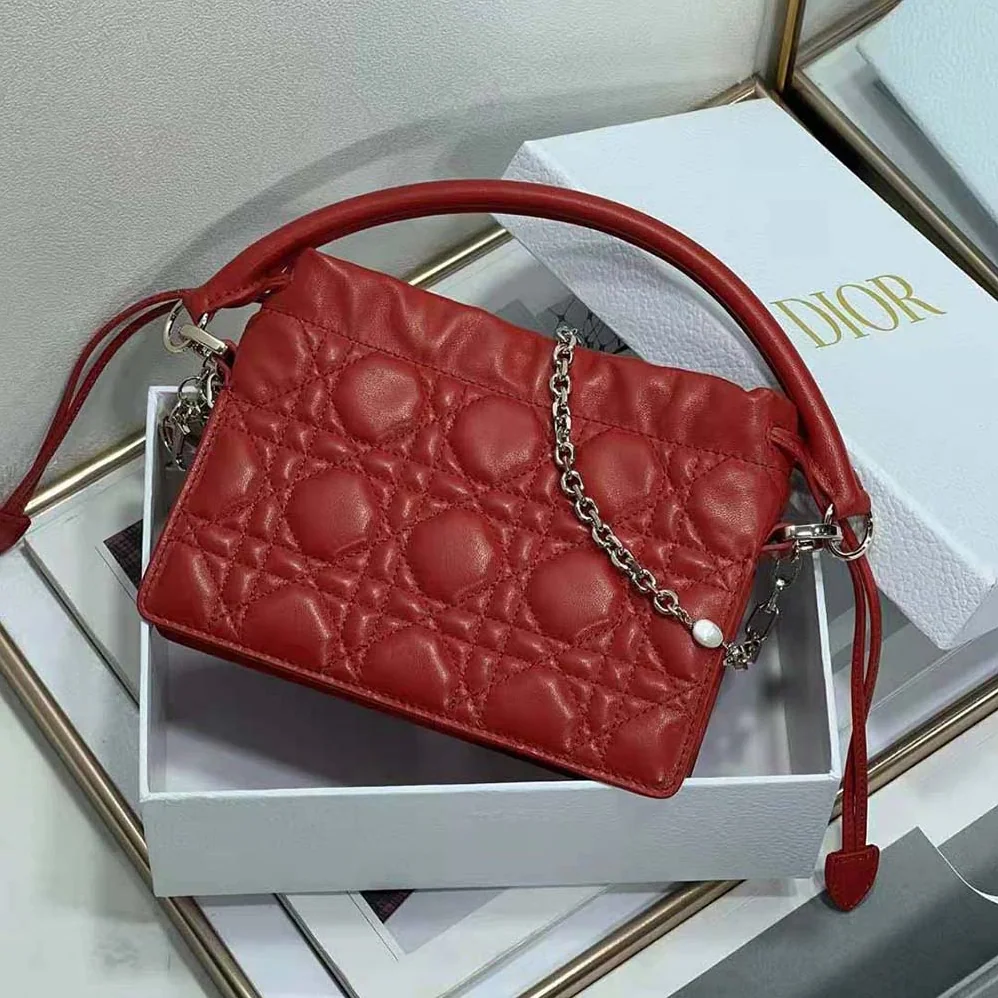 Dior Lady Dior Top Handle Drawstring Mini Bag Scarlet Red Cannage Lambskin for Women Dior Lady Dior Top Handle Drawstring Mini Bag Scarlet Red Cannage Lambskin for Women