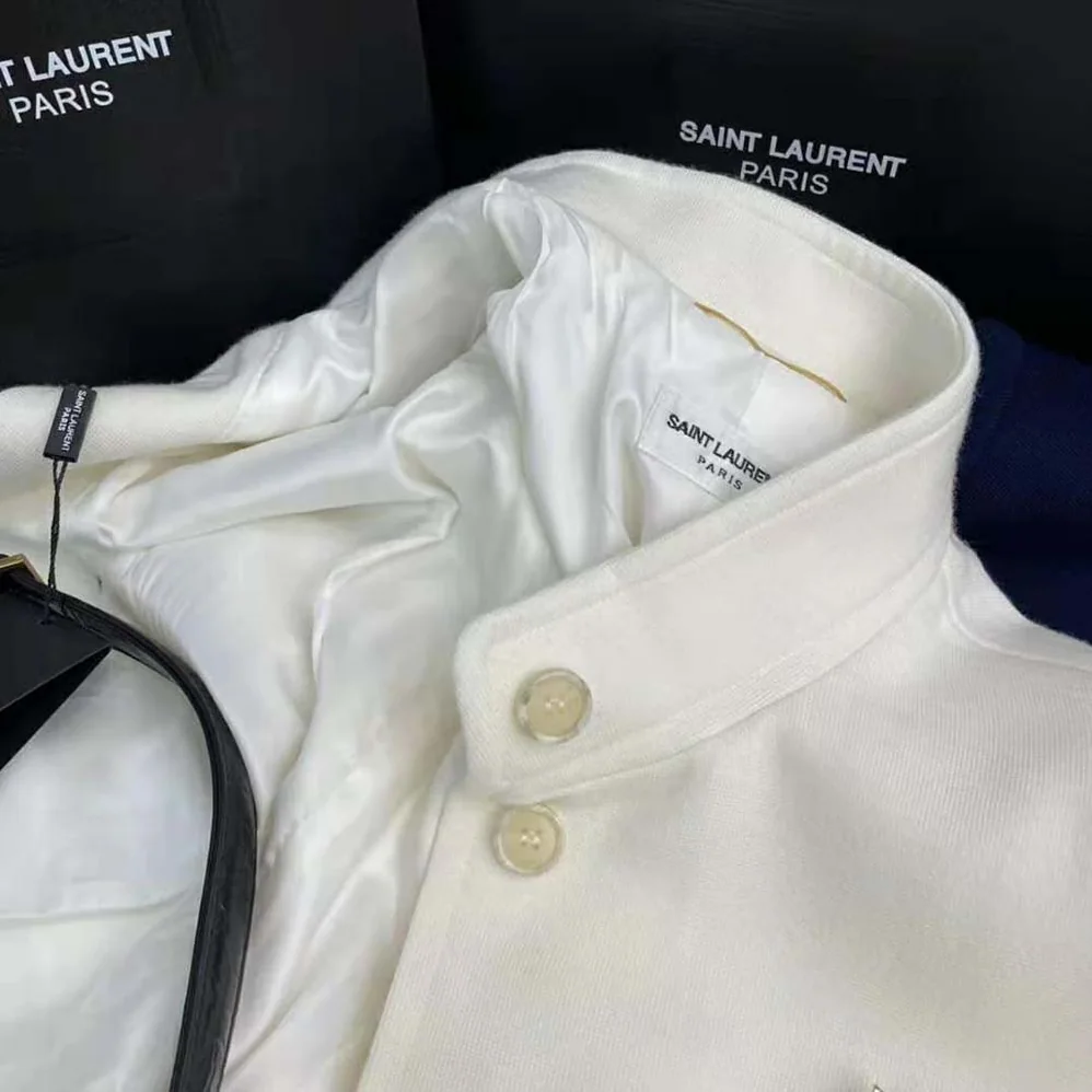 Saint Laurent YSL Long Belted Jacket in Wool Jersey for Women in White