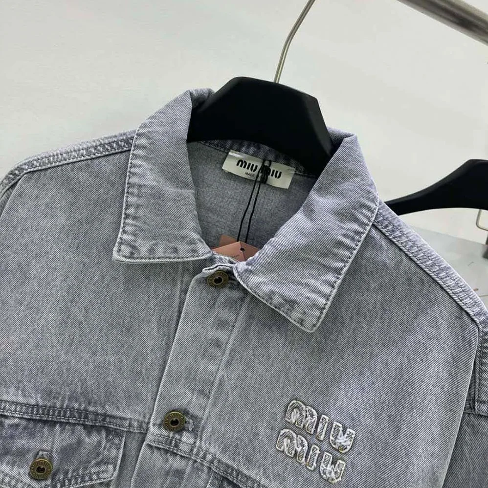 Miu Miu Denim Blouson Jacket with Embroidered Logo for Women