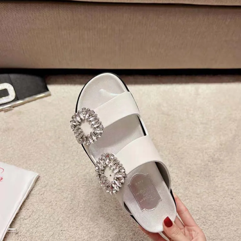 Roger Vivier Slidy Viv Strass Buckle Sandals in Fabric for Women in White