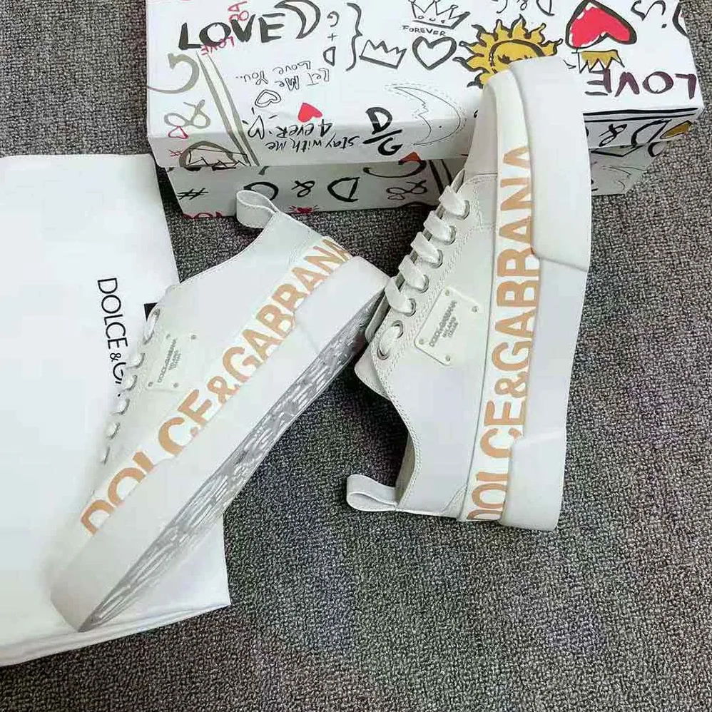 Dolce Gabbana D&G Calfskin Portofino Light Sneakers with Logo-Detailed Plate and Logo Print for Women in White Dolce Gabbana D&G Calfskin Portofino Light Sneakers with Logo-Detailed Plate and Logo Print for Women in White