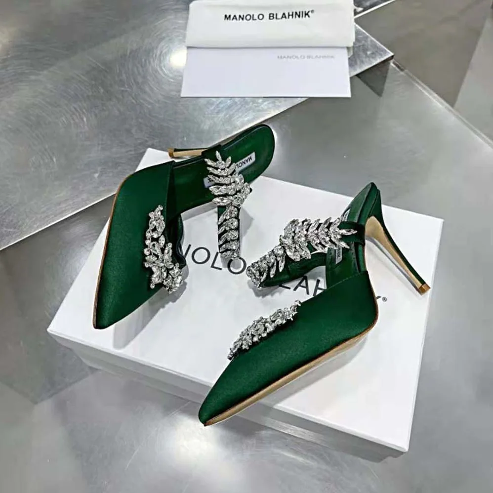 Manolo Blahnik Green Satin Crystal Embellished Mules for Women Manolo Blahnik Green Satin Crystal Embellished Mules for Women
