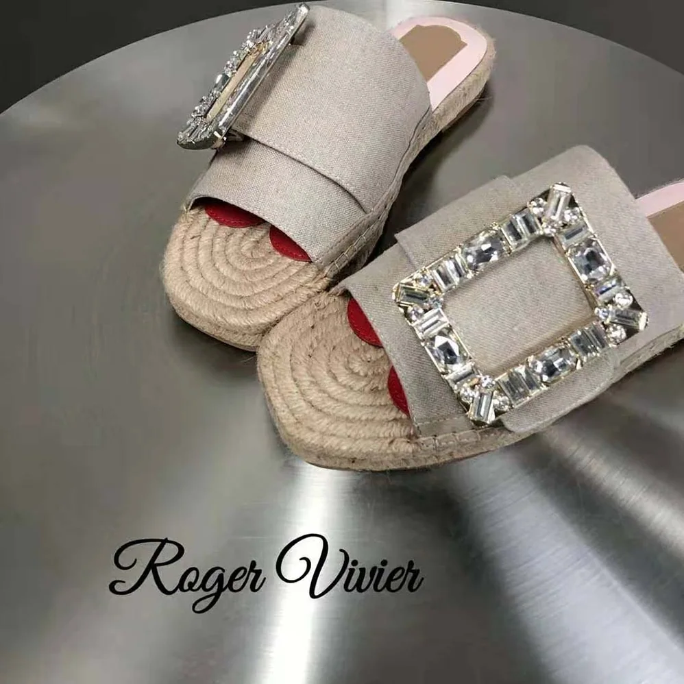Roger Vivier Strass Buckle Espadrille Mules in Soft Leather for Women Roger Vivier Strass Buckle Espadrille Mules in Soft Leather for Women