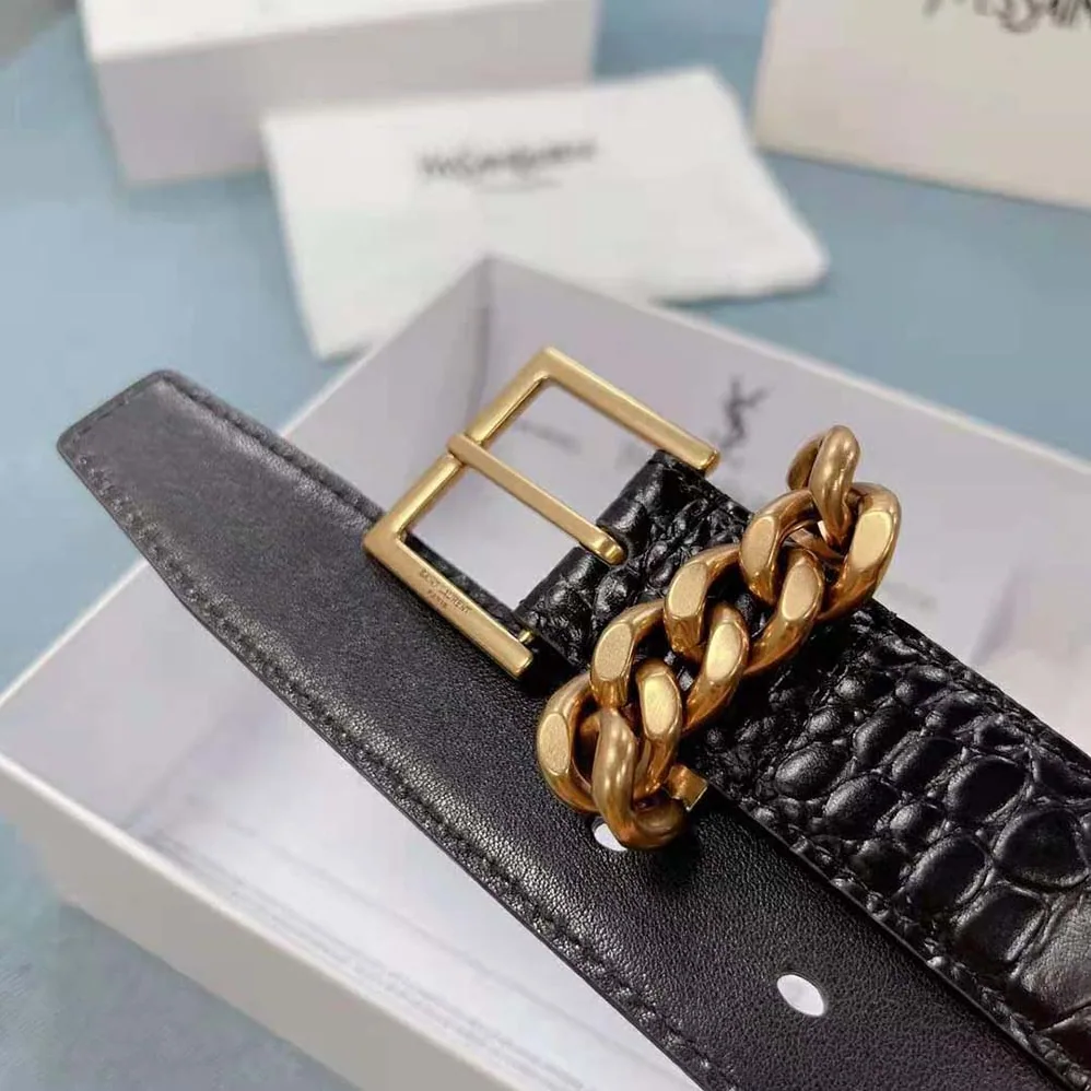 Saint Laurent YSL Chain-loop Narrow Belt with Square Buckle in Lacquered Python for Women