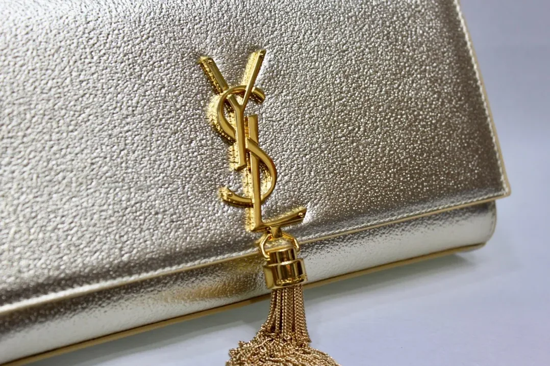 Saint Laurent Kate Chain Wallet With Tassel in Yellow Copper