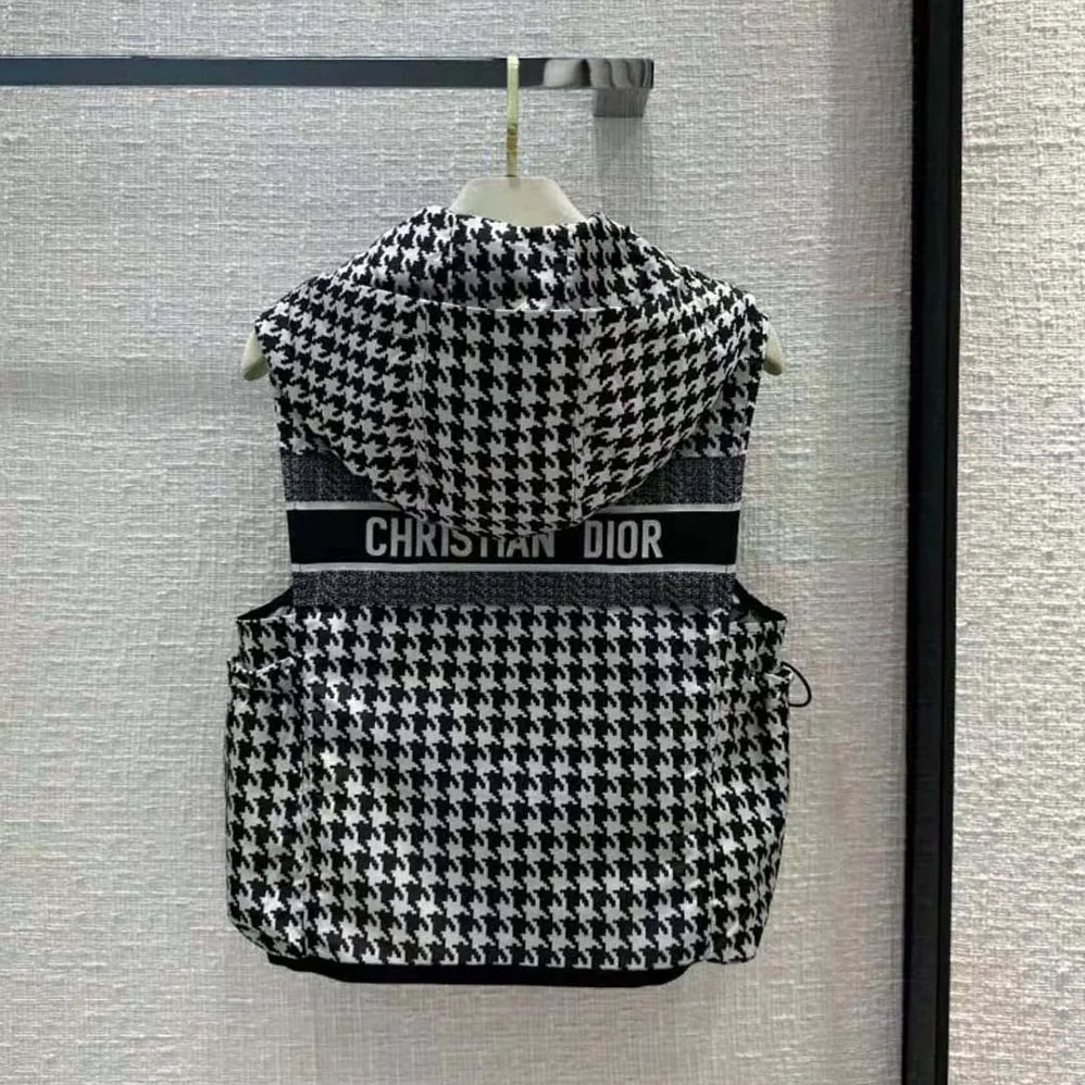 Dior Hooded Sleeveless Vest Black and White Technical Taffeta Jacquard with Macro Houndstooth Motif for Women
