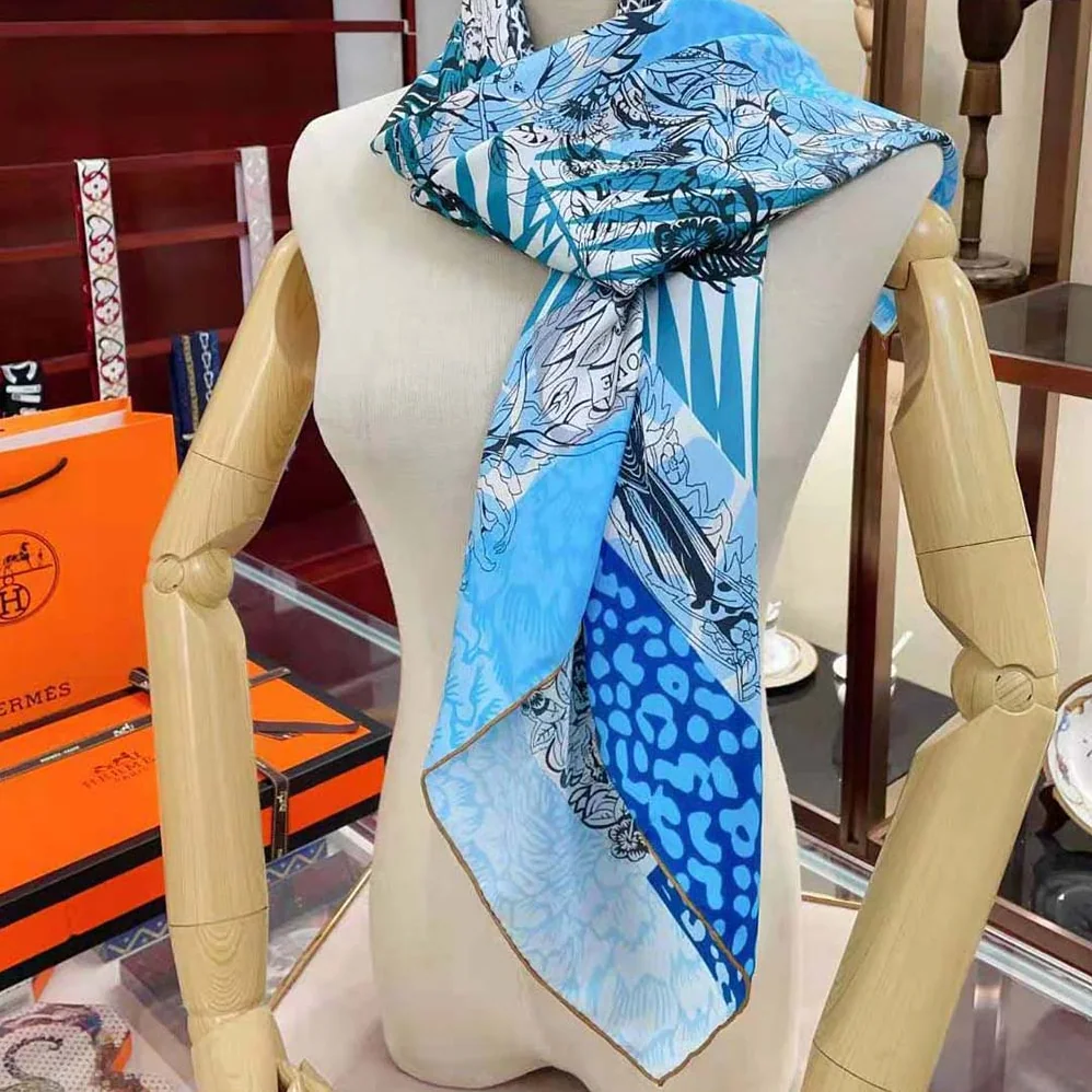Hermes Jungle Love Stamped Scarf 70 in Silk Twill with Hand-Rolled Edges for Women in Blue