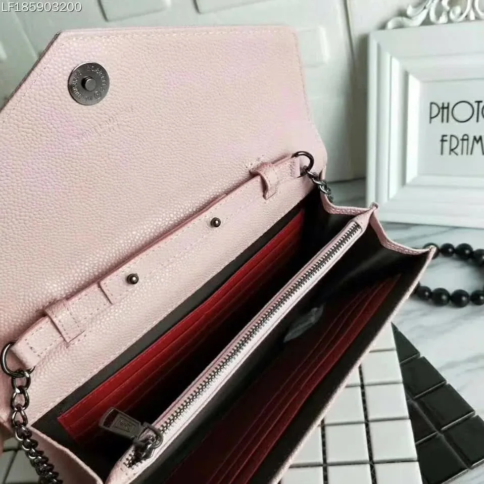 Saint Laurent YSL Medium Monogram Envelope Chain Wallet Silver Hardware in Pink Saint Laurent YSL Medium Monogram Envelope Chain Wallet Silver Hardware in Pink