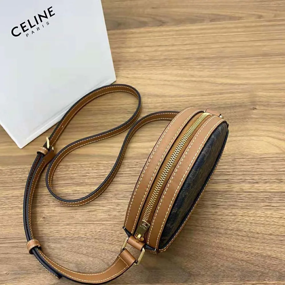 Celine Round Purse on Strap in Triomphe Canvas and Lambskin for Women