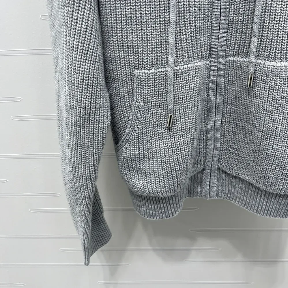 Celine Hooded Cardigan In Ribbed Wool for Women in Grey