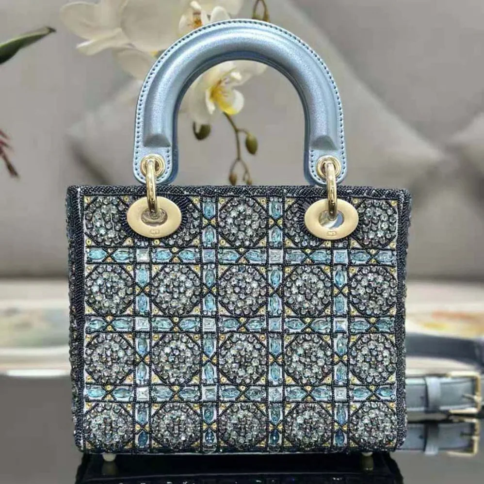 Dior Small Lady Dior Bag Metallic Calfskin and Satin with Celestial Blue Bead Embroidery for Women