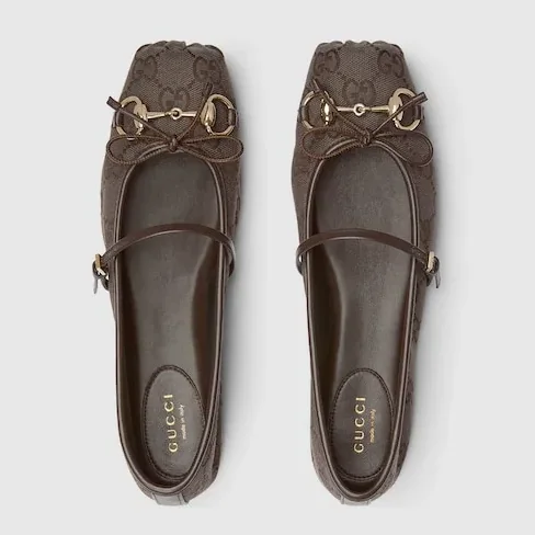 Gucci Horsebit Ballet Flats Dark Brown Canvas