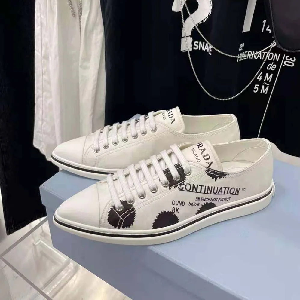 Prada Printed Cotton Gabardine Sneakers for Women in White Prada Printed Cotton Gabardine Sneakers for Women in White