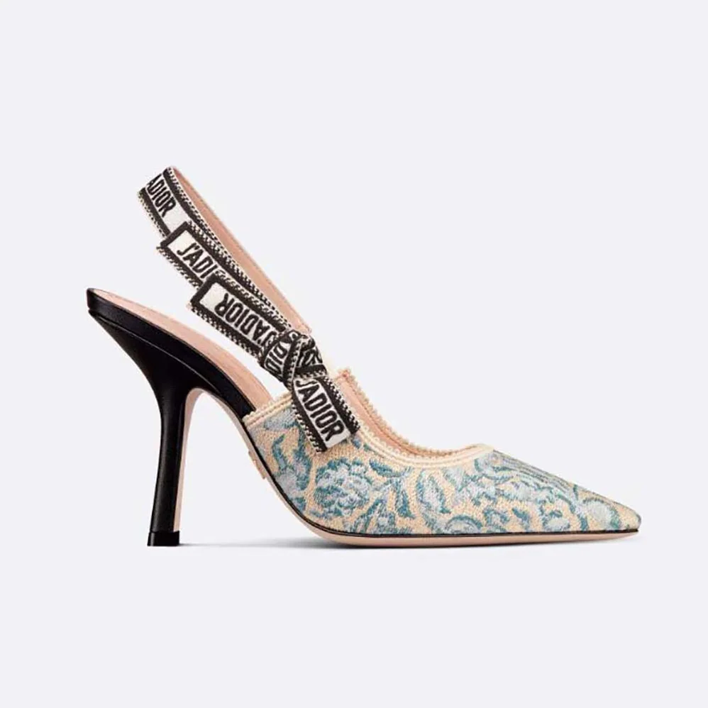 Dior J'Adior Slingback Pump Duck Blue Dior Brocart Embroidered Cotton with Gold for Women in Tone Metallic Thread