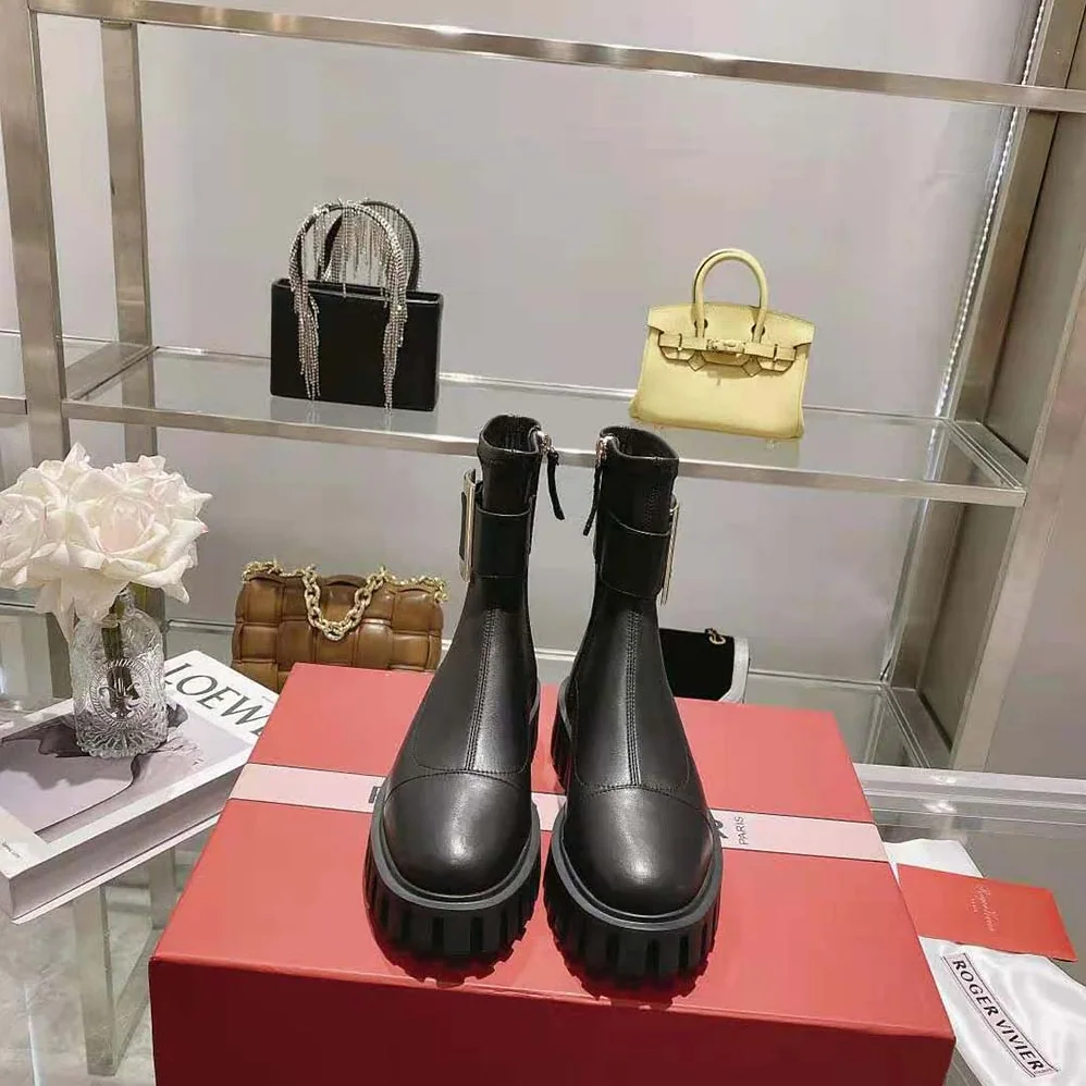 Roger Vivier Viv' Go-Thick Metal Buckle Stretch Ankle Boots in Soft Leather for Women Roger Vivier Viv' Go-Thick Metal Buckle Stretch Ankle Boots in Soft Leather for Women