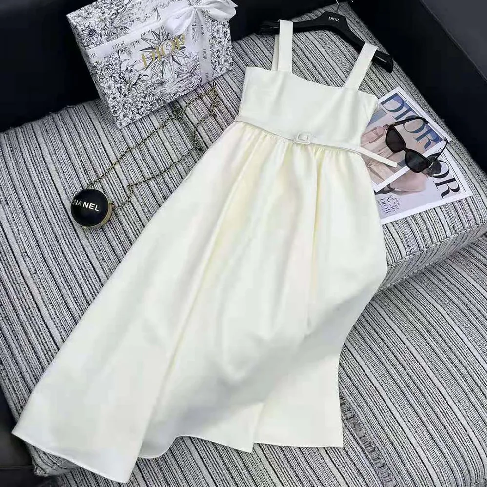 Dior Mid-length Belted Dress Ecru Wool and Silk Shantung for Women Dior Mid-length Belted Dress Ecru Wool and Silk Shantung for Women