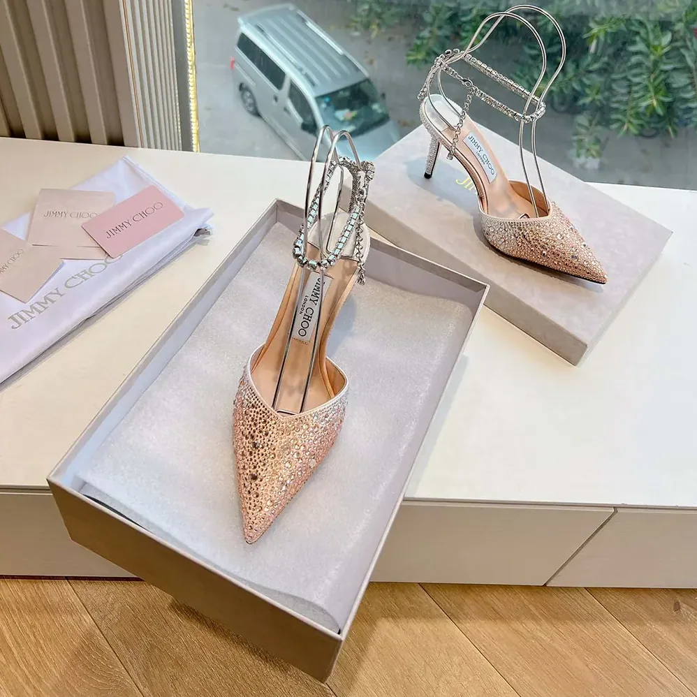 Jimmy Choo Saeda 100 Gold Satin Pumps with Crystals for Women