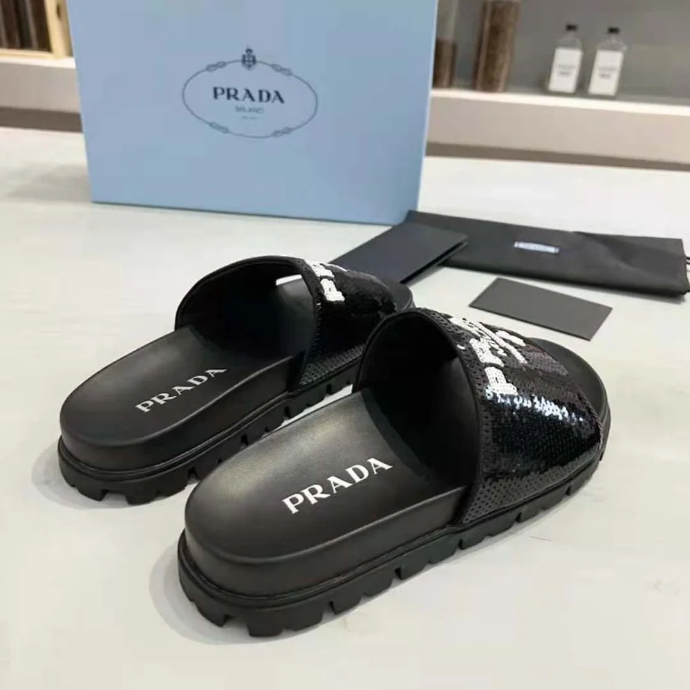 Prada Sequin Slides with Rubber Lug Sole are Covered All Over with Embroidered Sequins for Women Prada Sequin Slides with Rubber Lug Sole are Covered All Over with Embroidered Sequins for Women