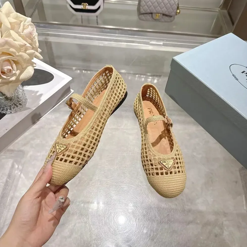 Prada Crochet Ballerinas for Women in Quartz Prada Crochet Ballerinas for Women in Quartz