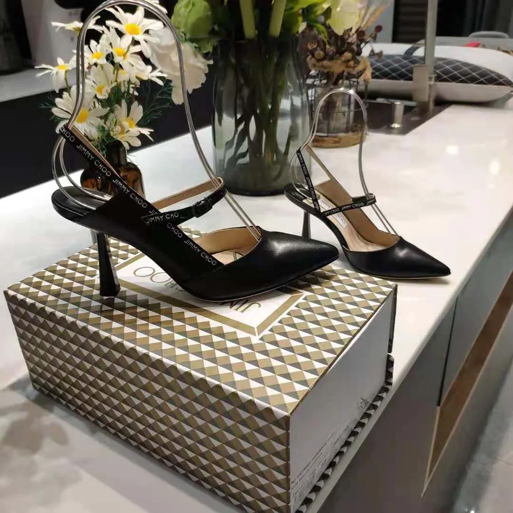 Jimmy Choo Ray 65 Black Nappa Leather Pointed Pumps with Logo for Women in Woven Ribbon