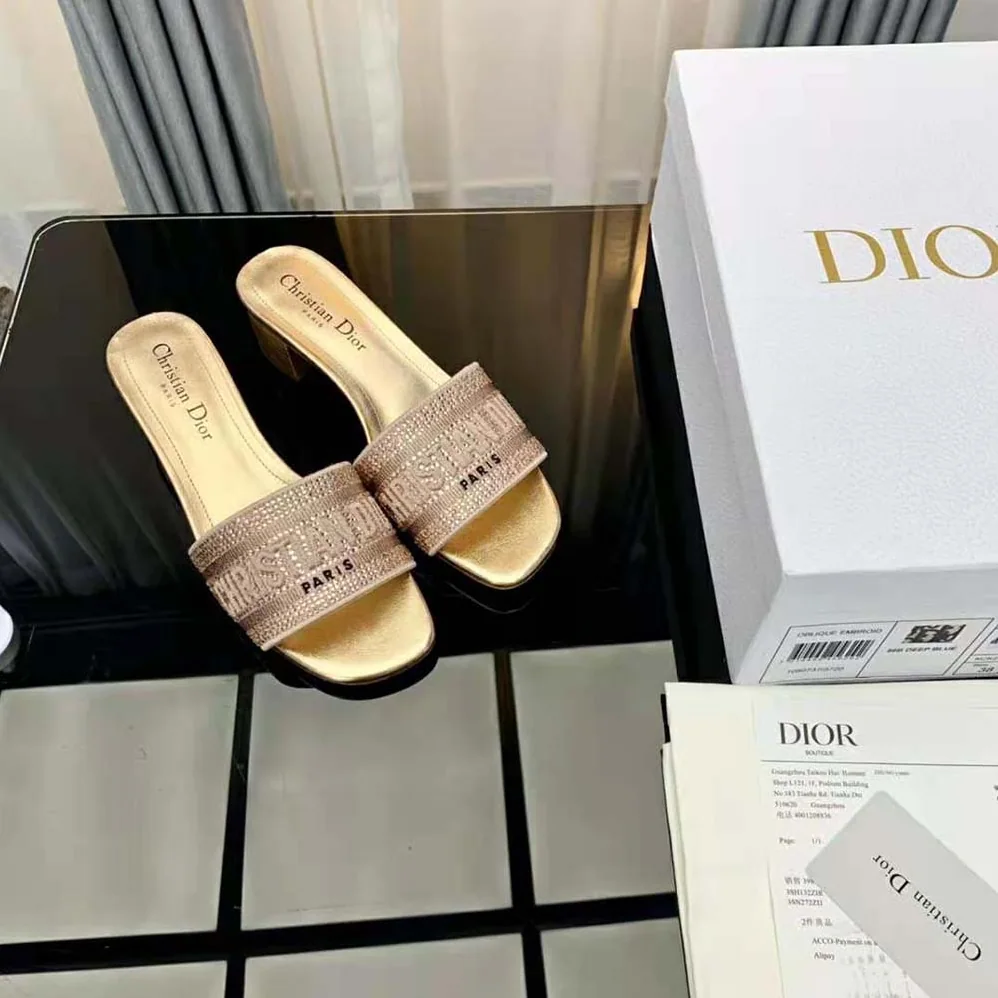 Dior Dway Heeled Slide Gold for Women in Tone Cotton Embroidered Dior Dway Heeled Slide Gold for Women in Tone Cotton Embroidered