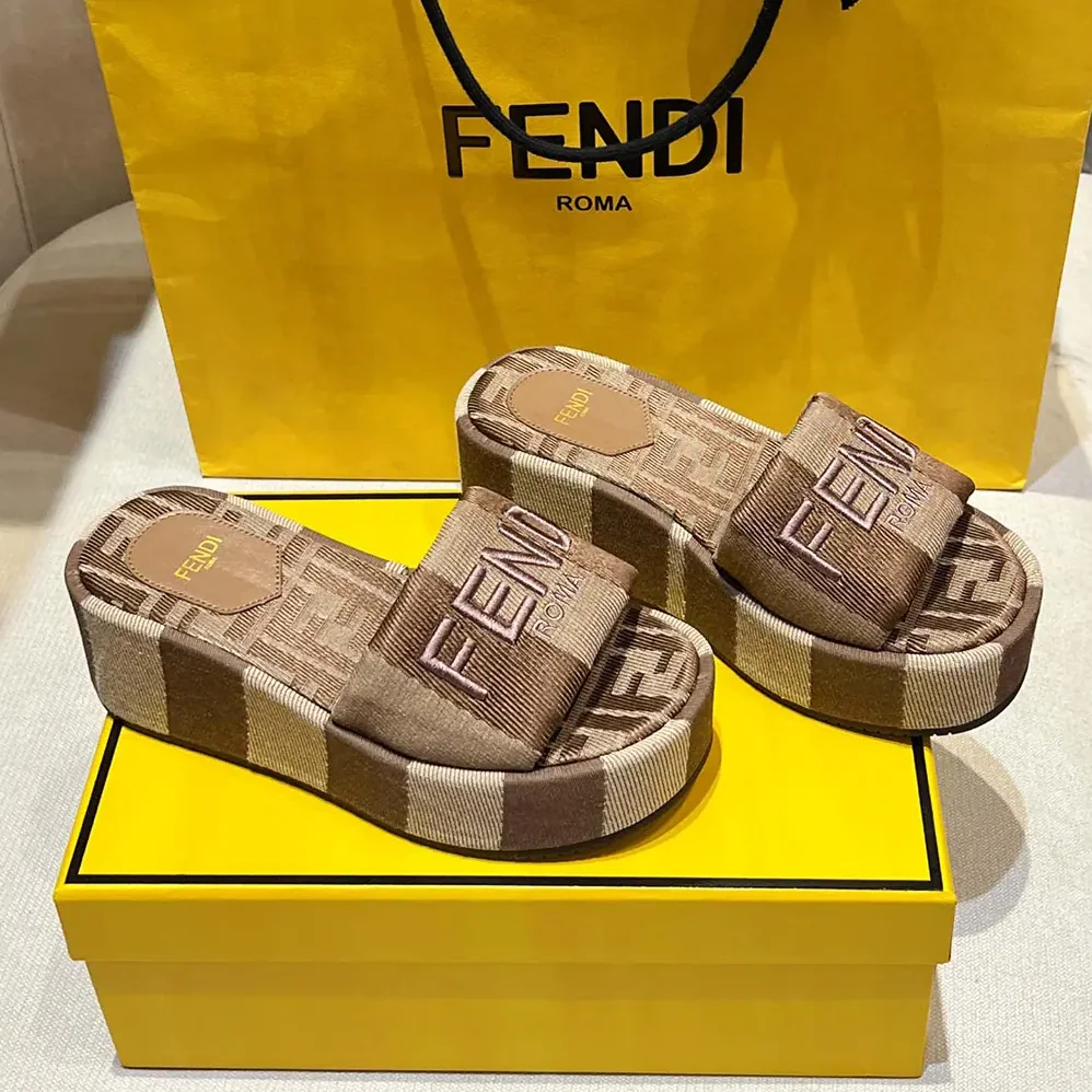 Fendi Sunshine Dove Gray Denim for Women in effect Jacquard Flatform Slides