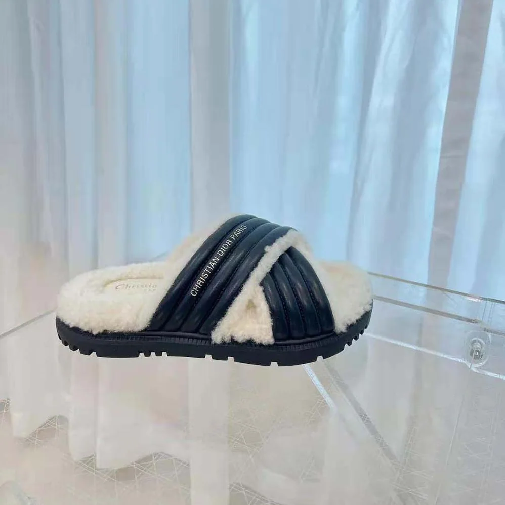 Dior D-Cross Slide Black Lambskin and White Shearling for Women