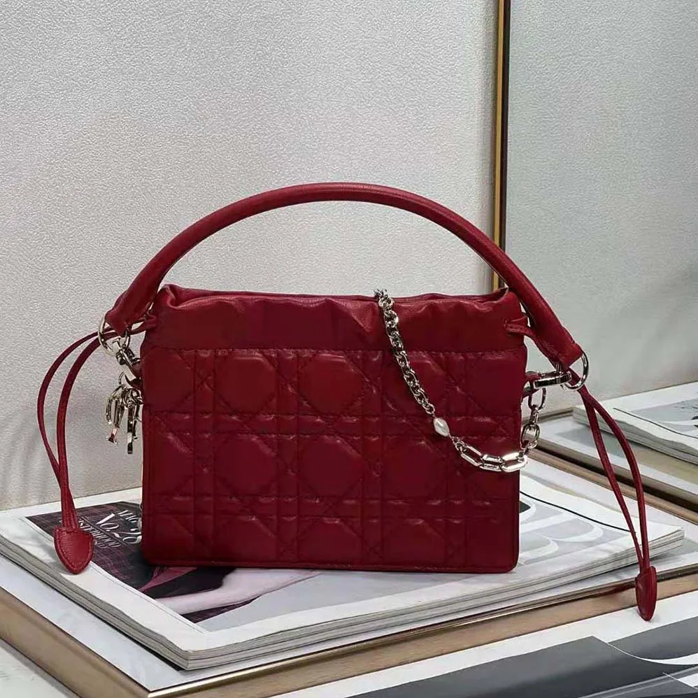 Dior Lady Dior Top Handle Drawstring Mini Bag Scarlet Red Cannage Lambskin for Women Dior Lady Dior Top Handle Drawstring Mini Bag Scarlet Red Cannage Lambskin for Women
