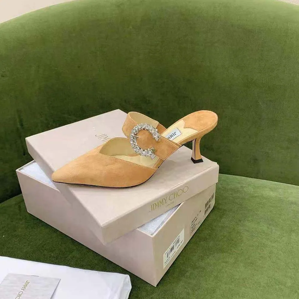 Jimmy Choo Marta 70 Caramel Suede Mules with Crystal Buckle for Women Jimmy Choo Marta 70 Caramel Suede Mules with Crystal Buckle for Women