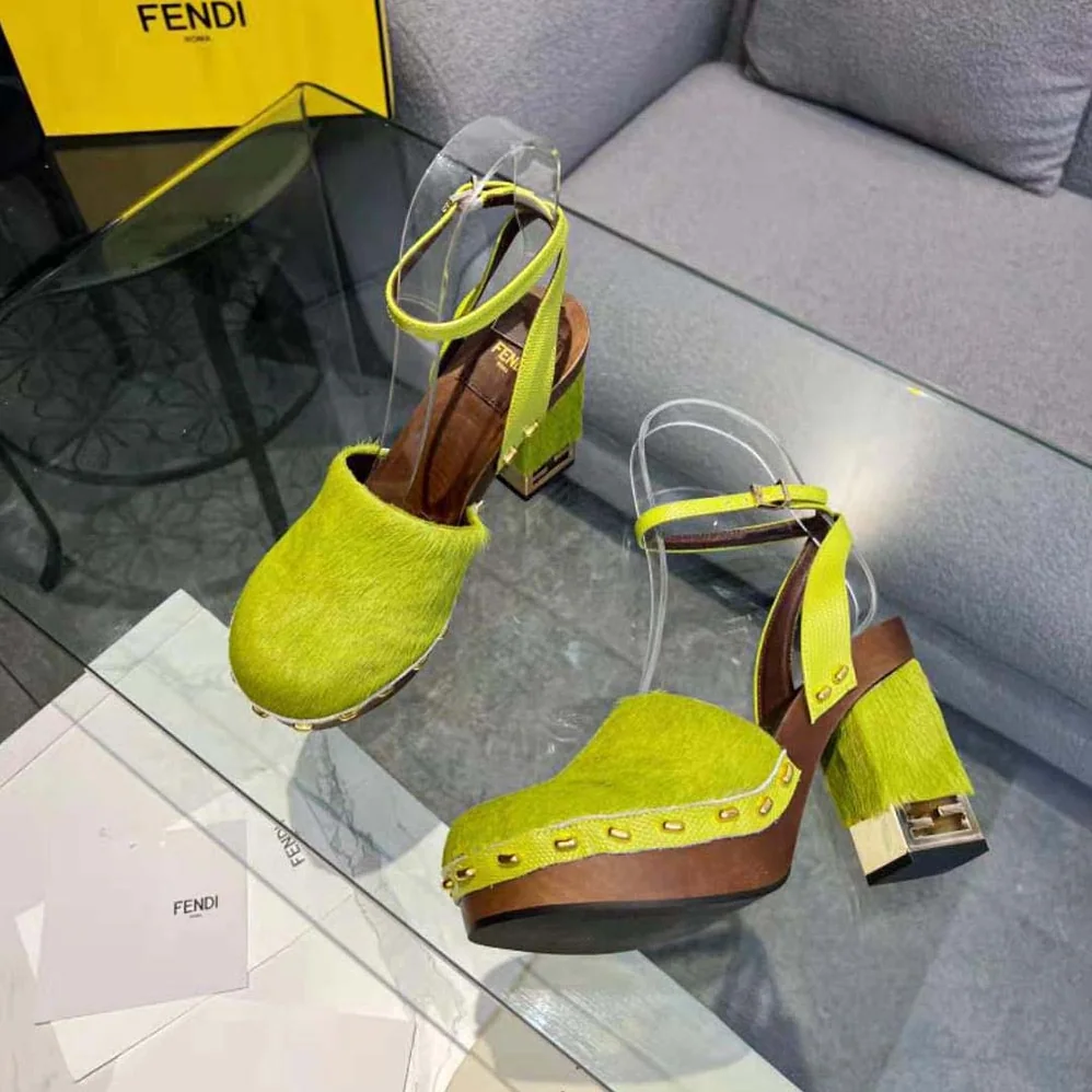 Fendi Baguette Show Green Pony Hair High for Women in Heeled Clogs Fendi Baguette Show Green Pony Hair High for Women in Heeled Clogs