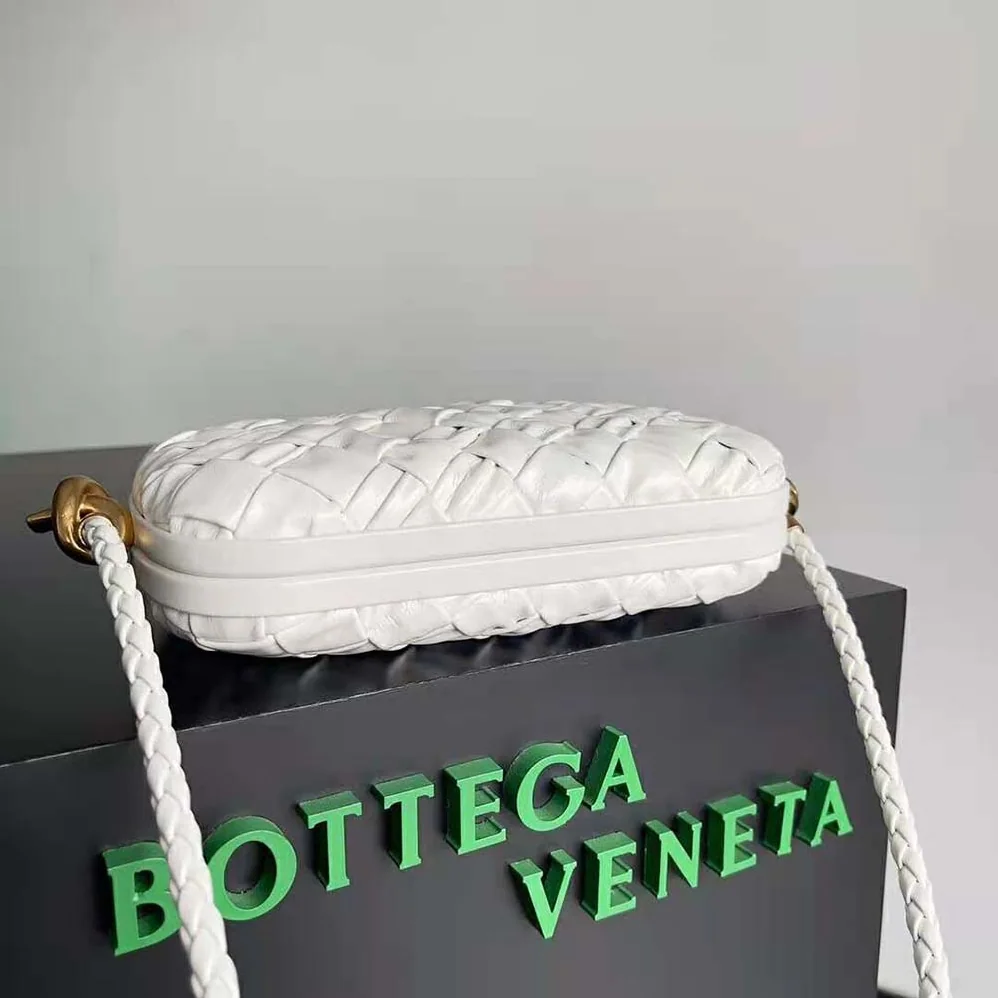 Bottega Veneta Knot On Strap Foulard Intreccio Leather Minaudiere with Strap for Women in White Bottega Veneta Knot On Strap Foulard Intreccio Leather Minaudiere with Strap for Women in White