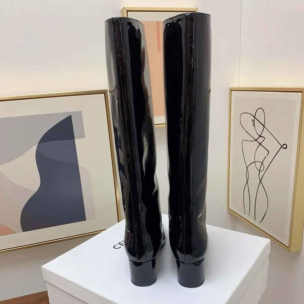 Celine Les Bottes Celine Triomphe High Boot in Patent Calfskin for Women in Black