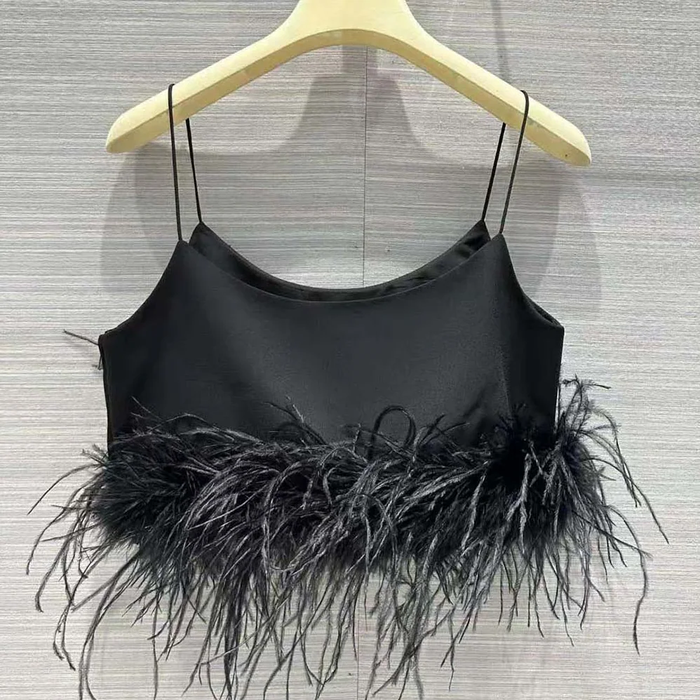 Miu Miu Stretch Cady Top with Feathers for Women in Black Miu Miu Stretch Cady Top with Feathers for Women in Black