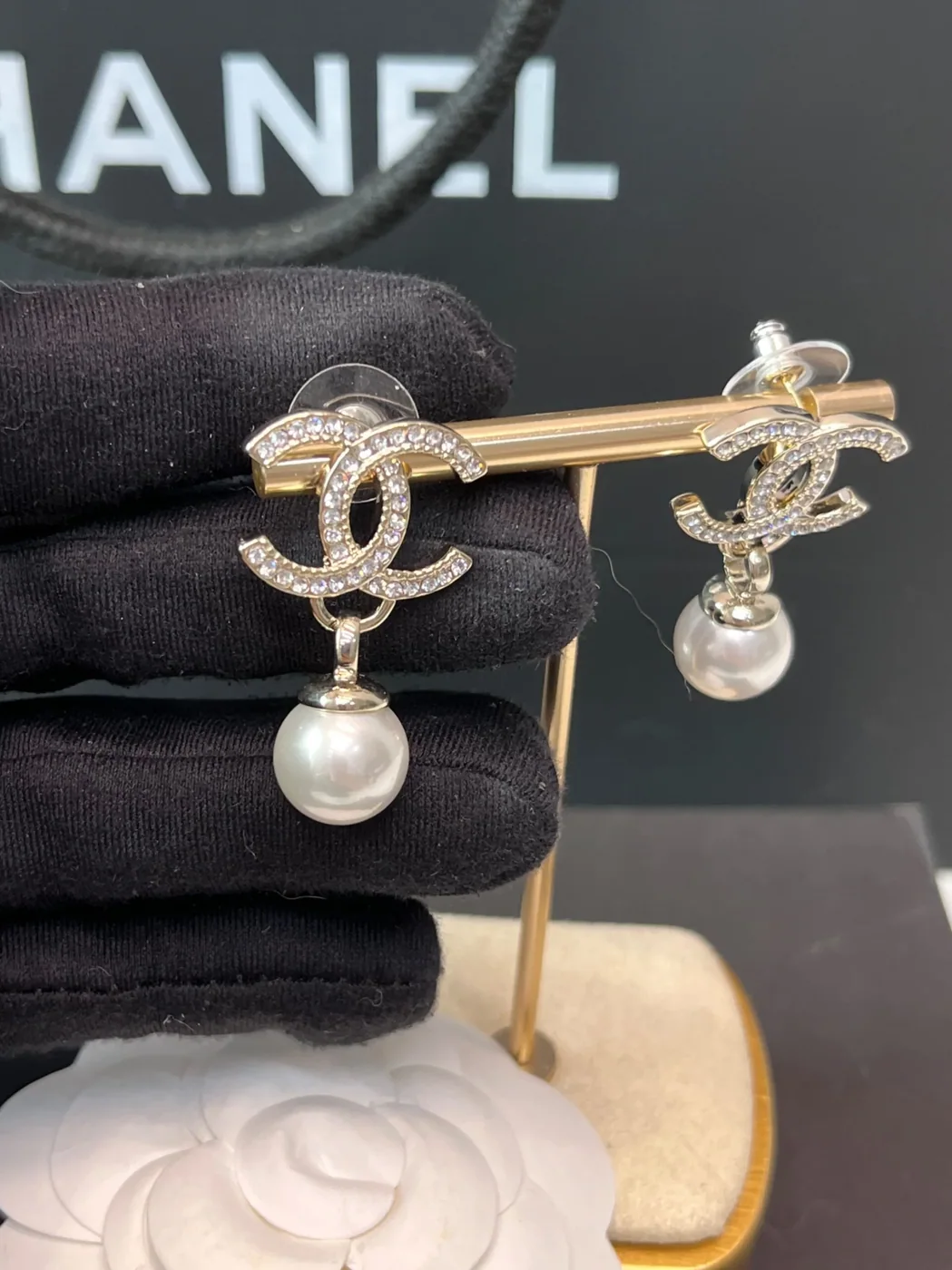 Chanel Shaped Pearl Letter Earrings Light Rose Gold