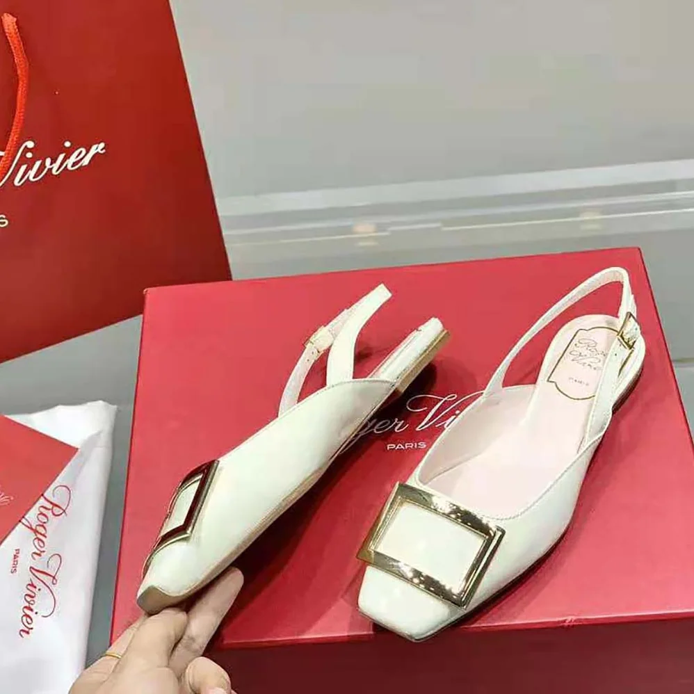 Roger Vivier Trompette Metal Buckle Slingback Ballerinas in Patent Leather for Women in White Roger Vivier Trompette Metal Buckle Slingback Ballerinas in Patent Leather for Women in White