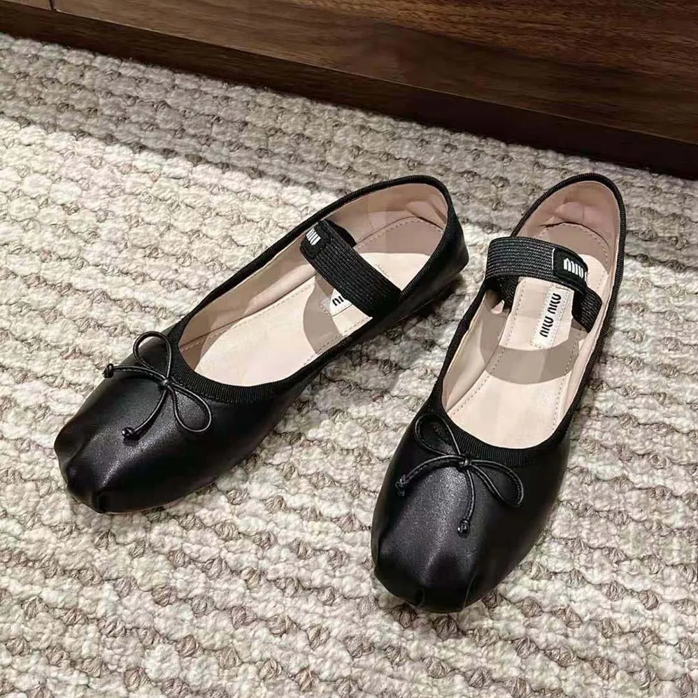 Miu Miu Leather Ballerinas with Fabric Logo Label for Women in Black