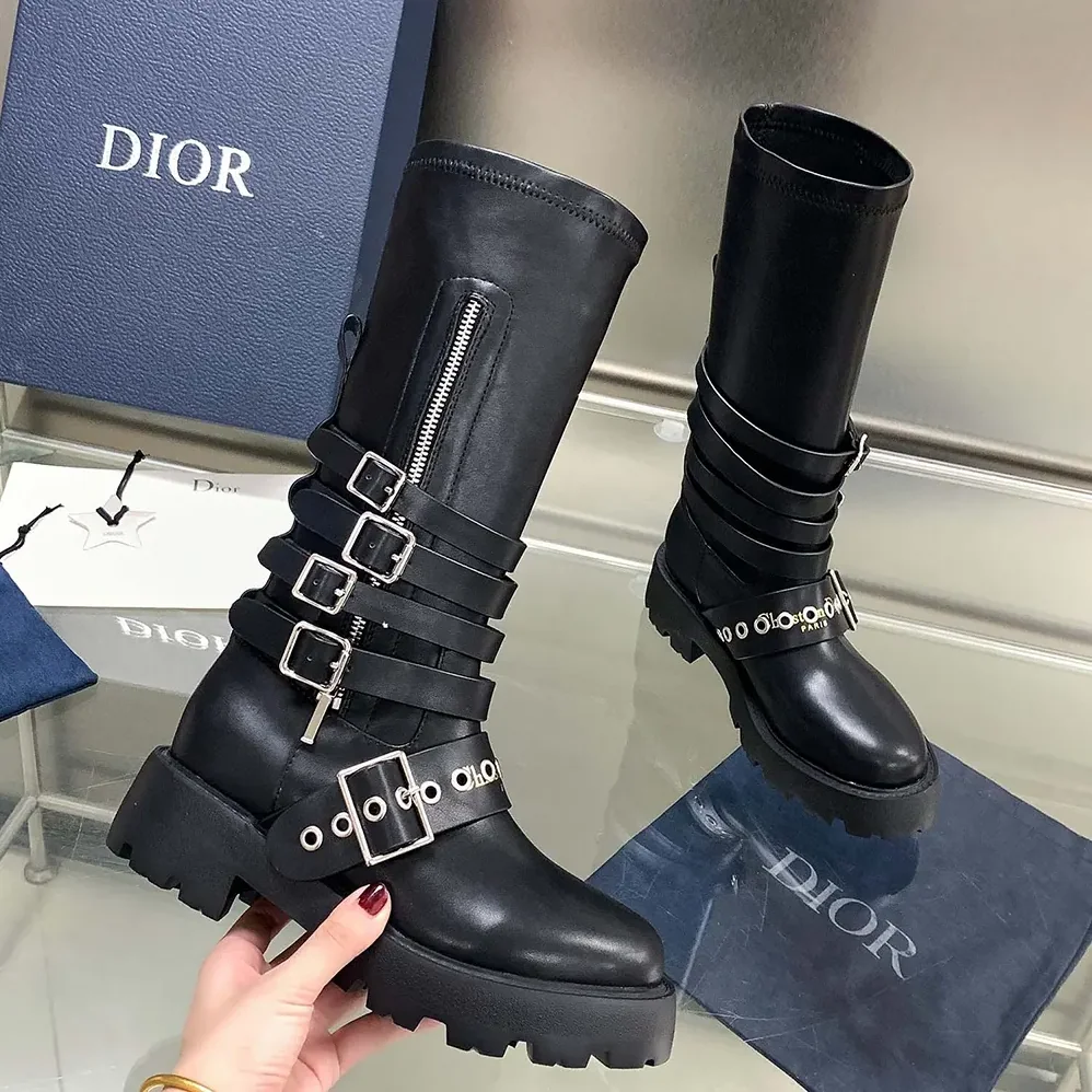 Dior D-Fight Ankle Boot Black Calfskin and Leather for Women in Effect Stretch Material Dior D-Fight Ankle Boot Black Calfskin and Leather for Women in Effect Stretch Material