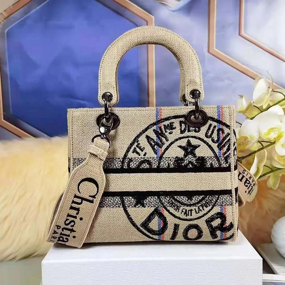 Dior Medium Lady D-Lite Bag Beige Jute Canvas Embroidered with Dior Union Motif for Women Dior Medium Lady D-Lite Bag Beige Jute Canvas Embroidered with Dior Union Motif for Women