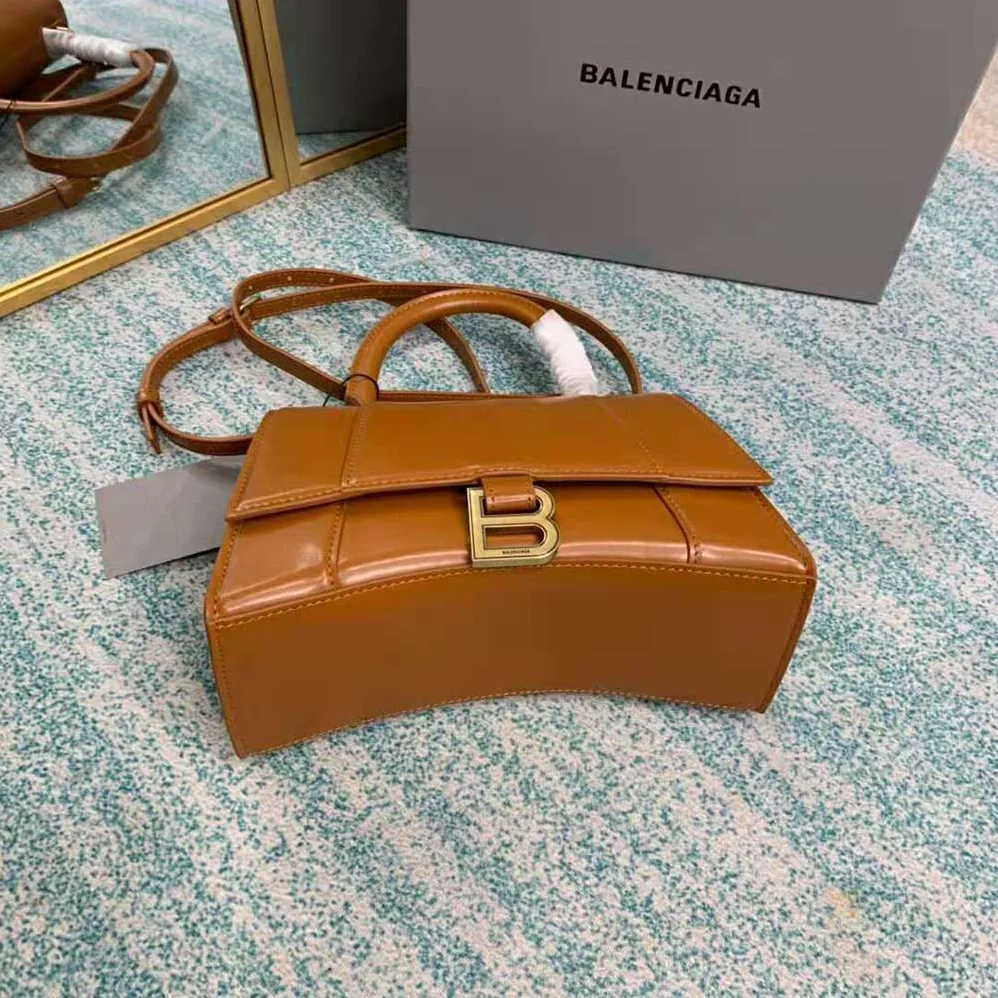 Balenciaga Hourglass Small Top Handle Bag in Shiny Box Calfskin for Women in Brown