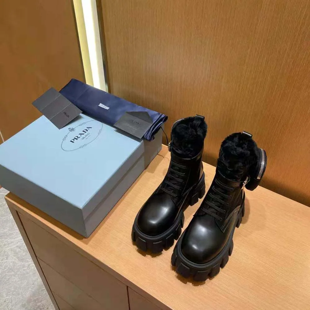 Prada Monolith Leather and Nylon Biker Boots for Women in Black
