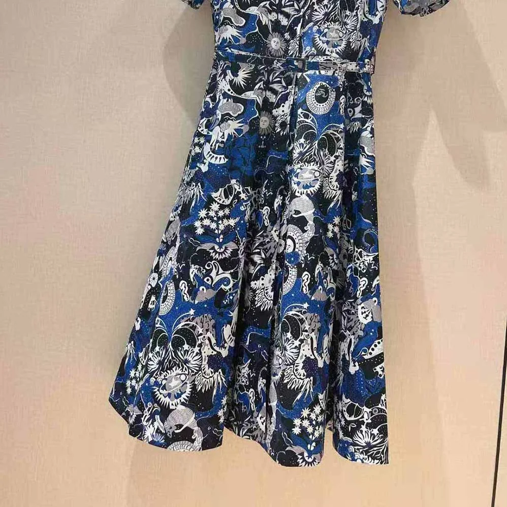 Dior Mid-Length Belted Dress Blue Dior Zodiac Fantastico Cotton Poplin for Women
