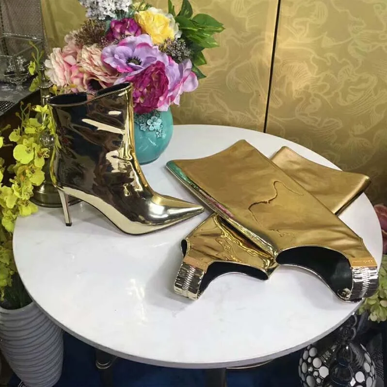 Jimmy Choo Shoes Hurley 100 Gold Liquid Mirror Leather Two for Women in Piece Knee High Booties Jimmy Choo Shoes Hurley 100 Gold Liquid Mirror Leather Two for Women in Piece Knee High Booties